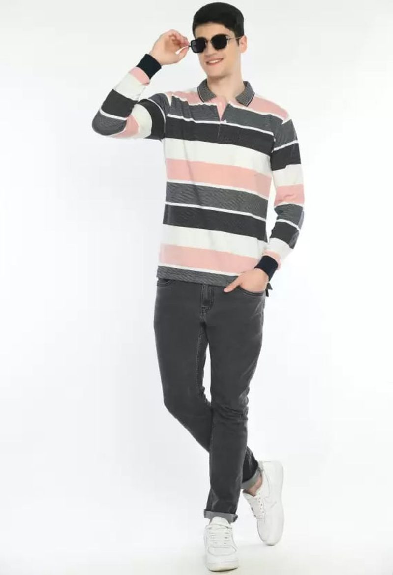 Deerdo Striped Men Polo Neck T-Shirt