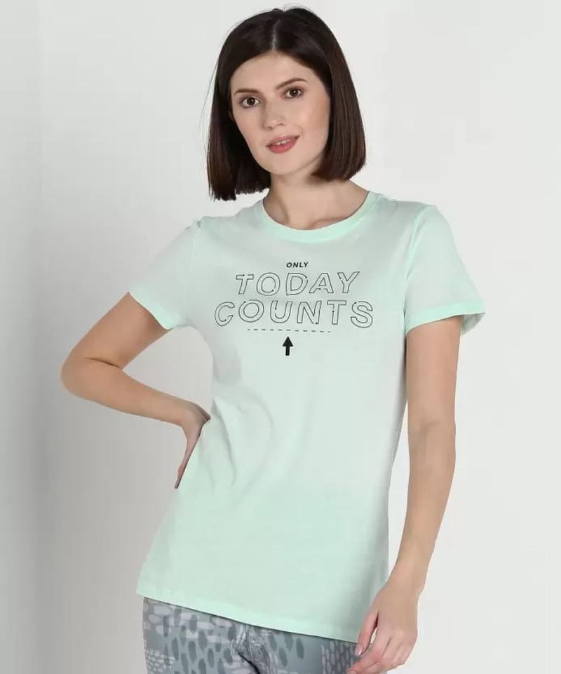 Women Printed Round Neck Pure Cotton Light Green T-Shirt