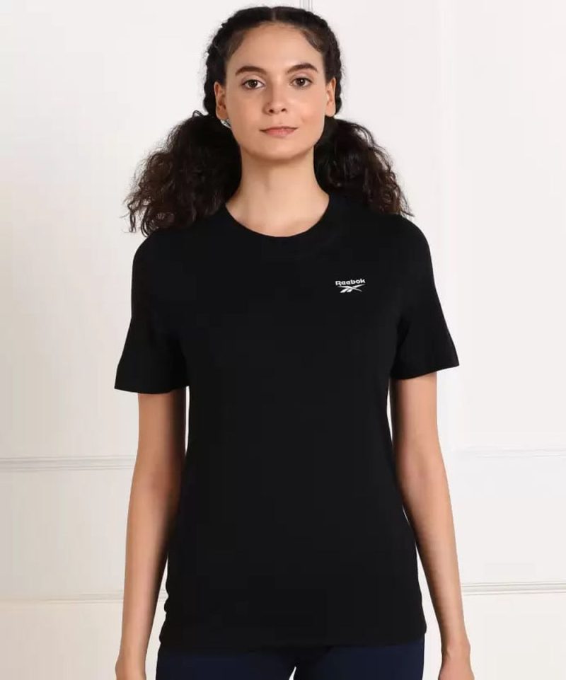 Women Solid Round Neck Cotton Blend Black T-Shirt
