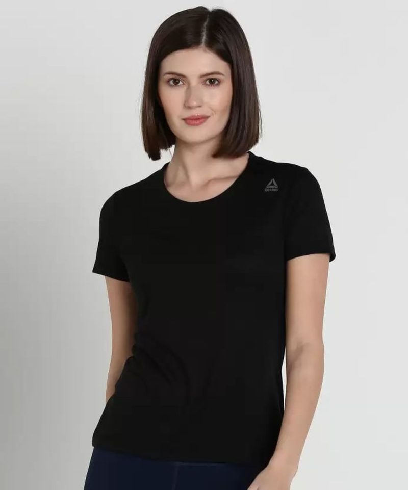 Women Solid Round Neck Polyester Black T-Shirt
