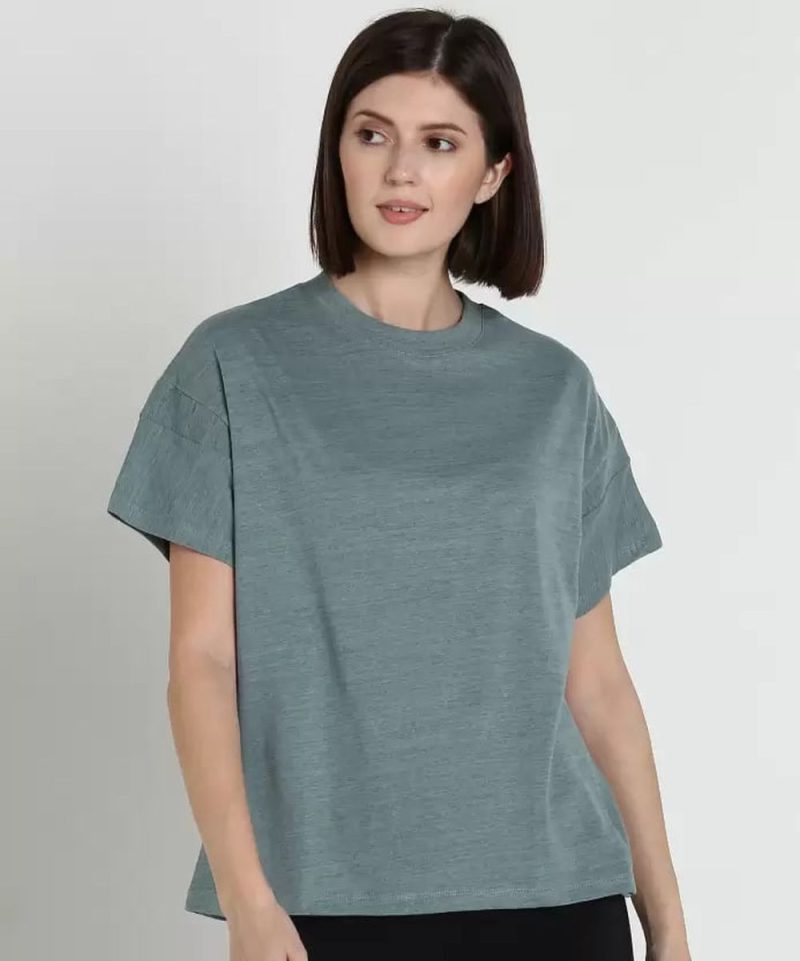 Women Self Design Round Neck Cotton Blend Blue T-Shirt