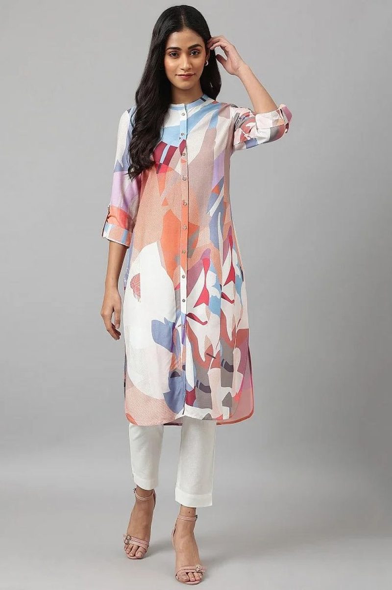 Multicoloured Full Placket Mandarin Collar Kurta