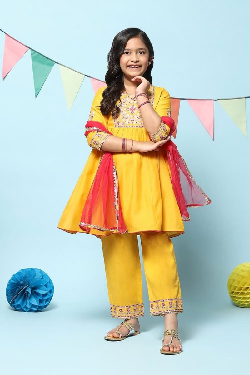 Yellow Polyester Flared Solid Kurta Palazzo Suit Set