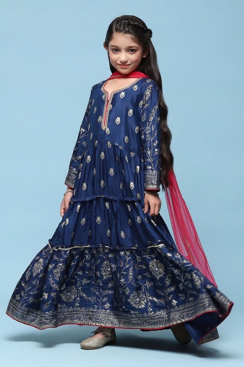 Navy Blue Viscose Tiered Kurta Printed Suit Set