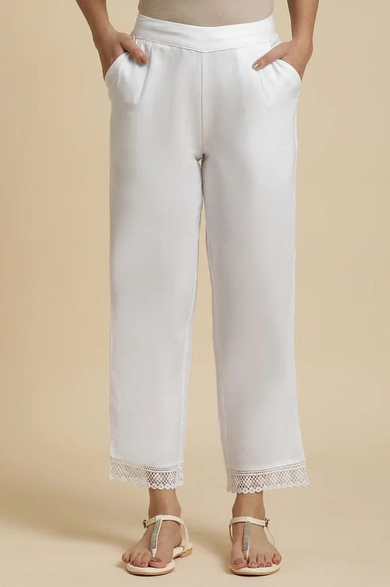 Ecru Straight Pants With Lace Hemline