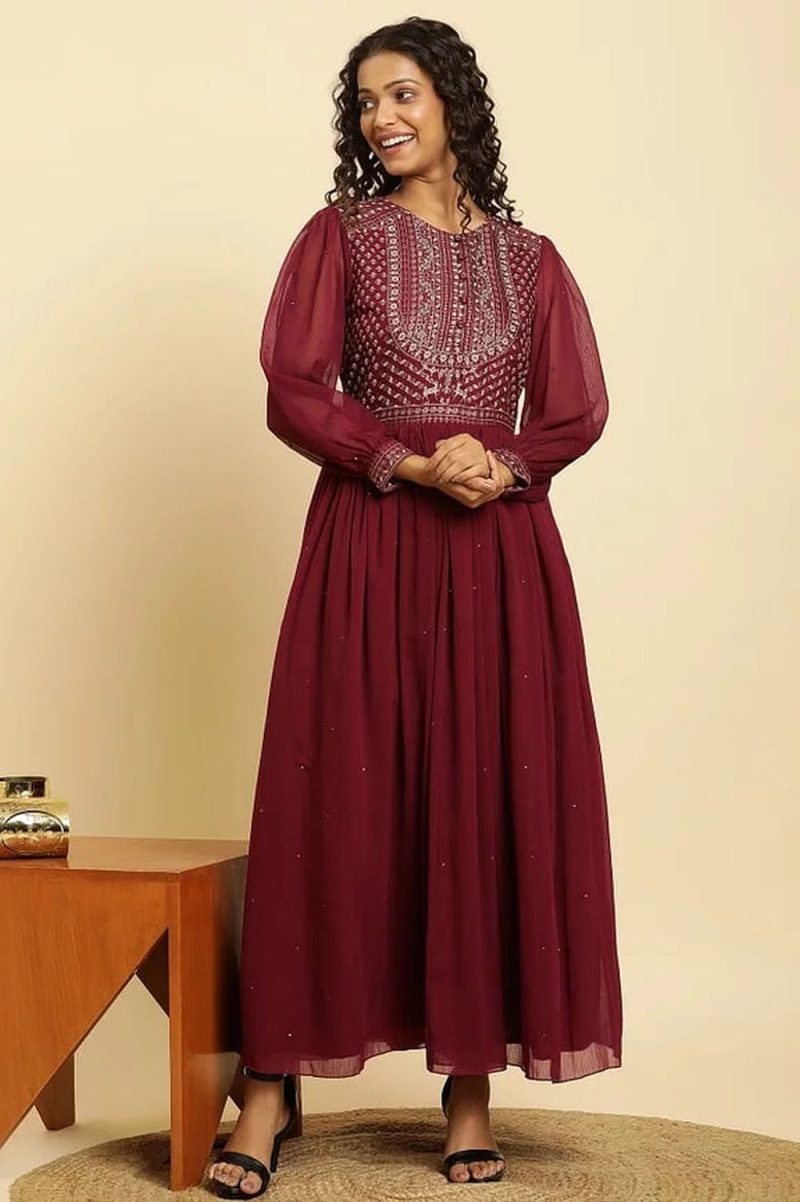 Wine Heavy Embroidered Festive Dress