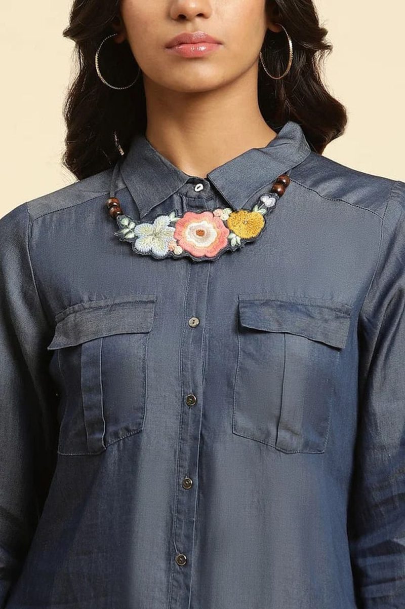 Blue Denim Western Shirt With Embroidered Neck Piece