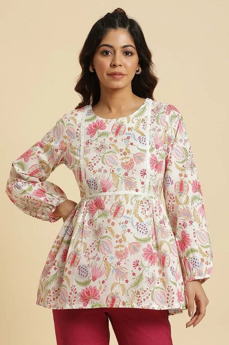 Ecru Gathered Top With Bright Floral Print