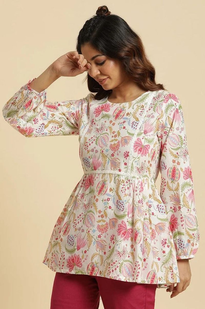Ecru Gathered Top With Bright Floral Print