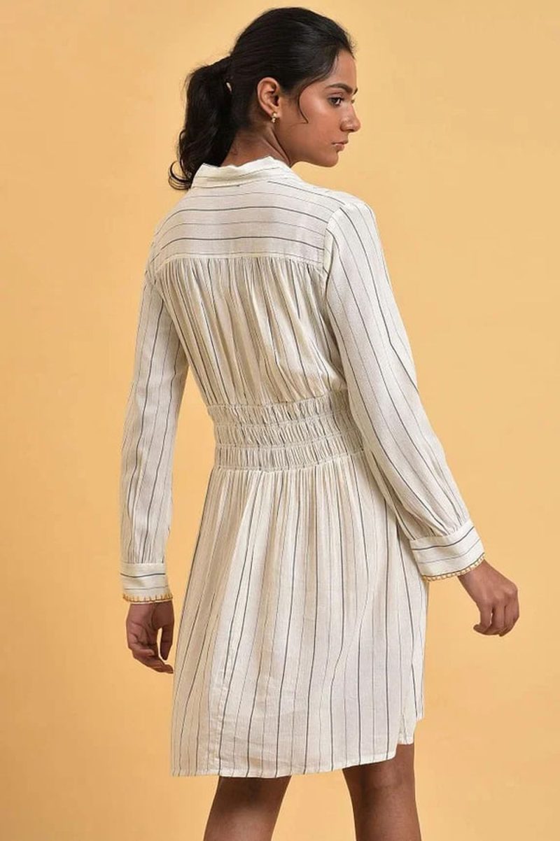 Ecru And Grey Striped Smocking Waist Dress
