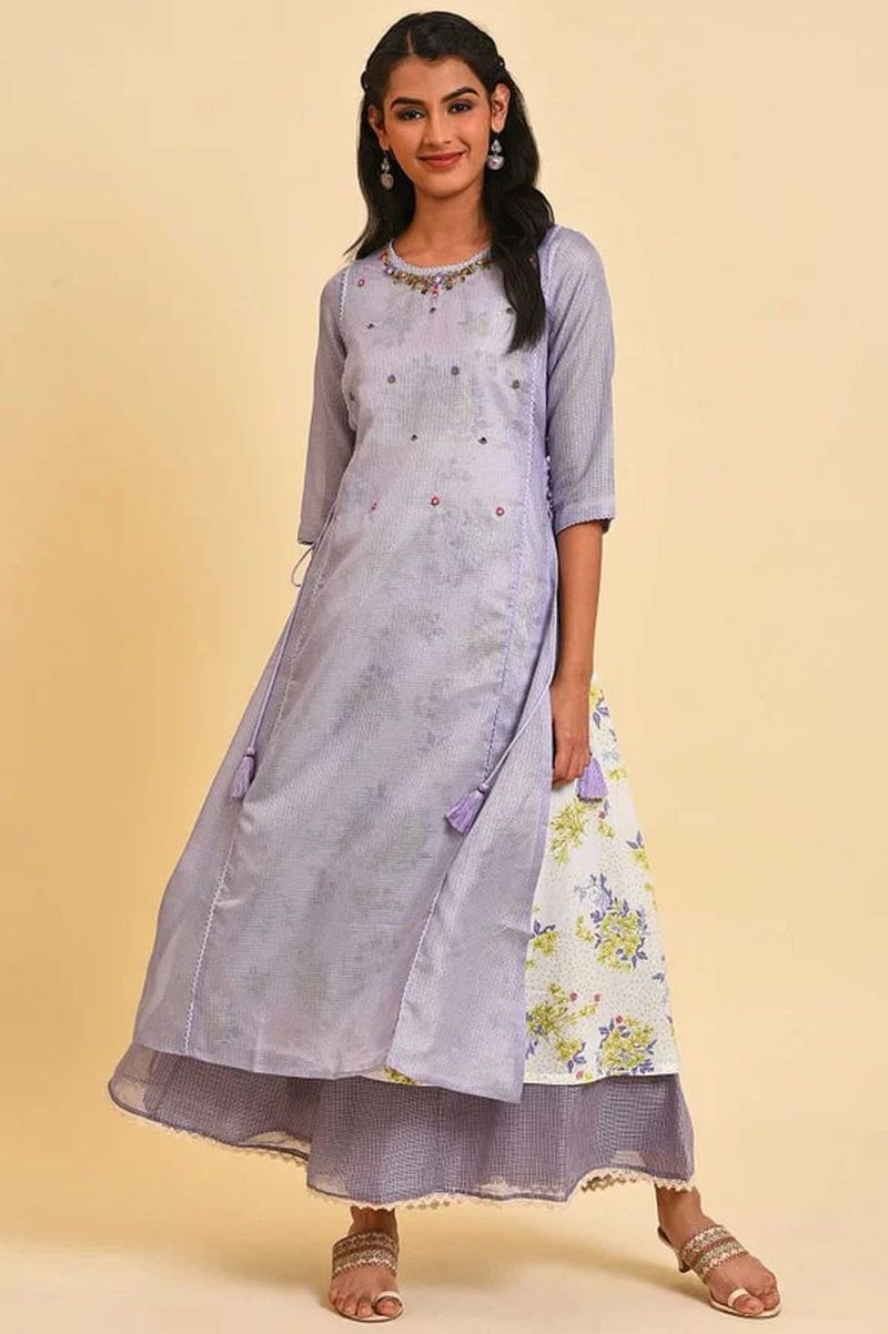 Purple Kota Layered Printed Kurta