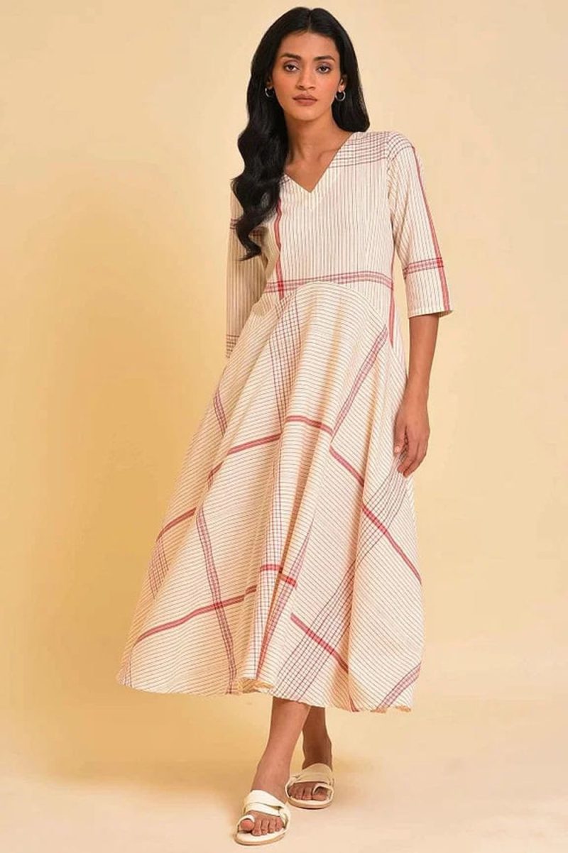 Beige Playful Checkered Free Flowing Dress