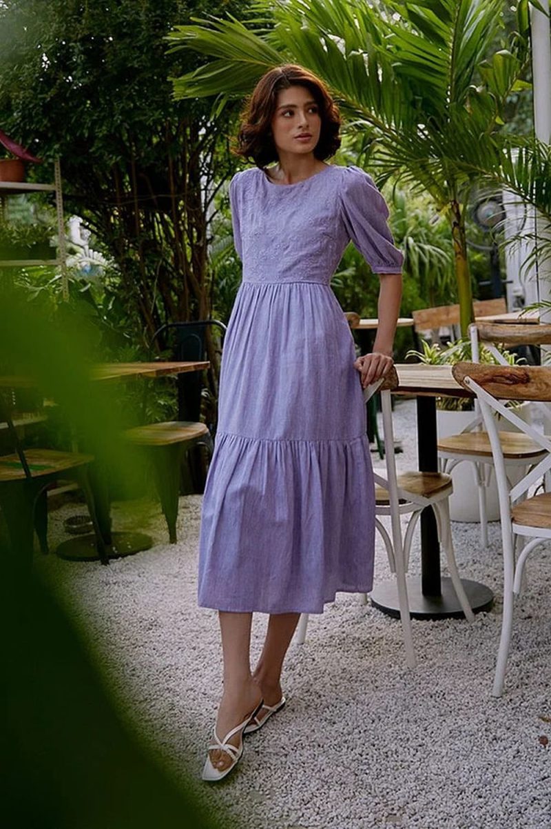 Light Purple Embroidered Tiered Chambray Dress