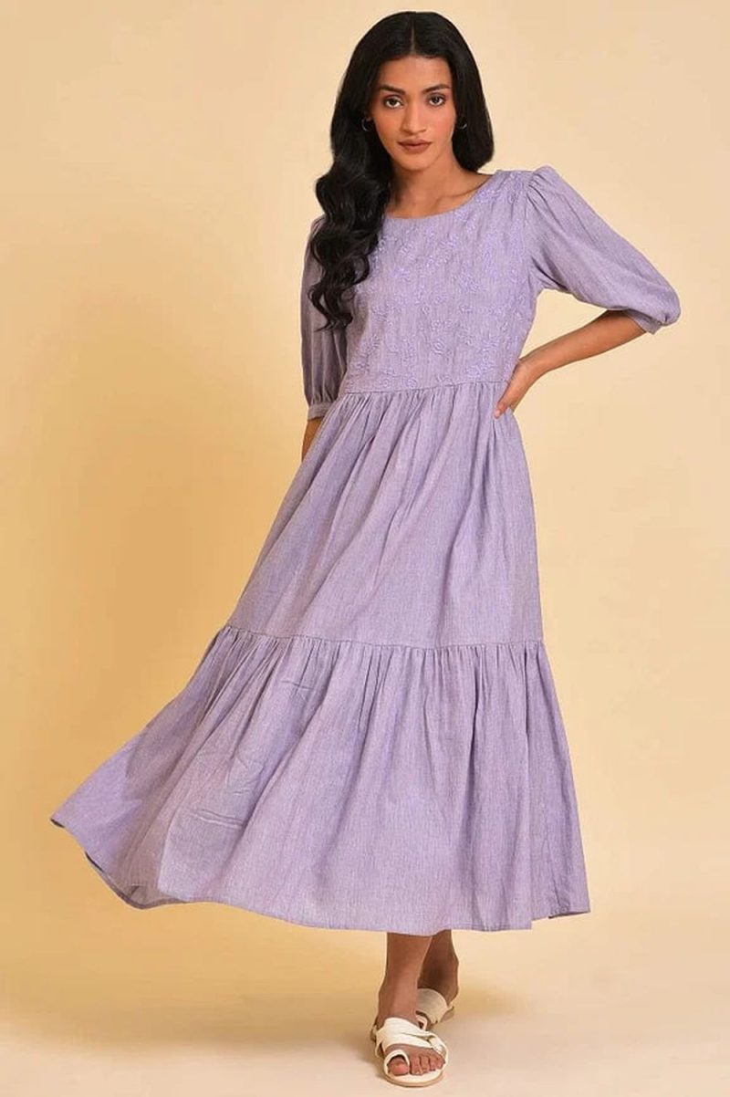 Light Purple Embroidered Tiered Chambray Dress