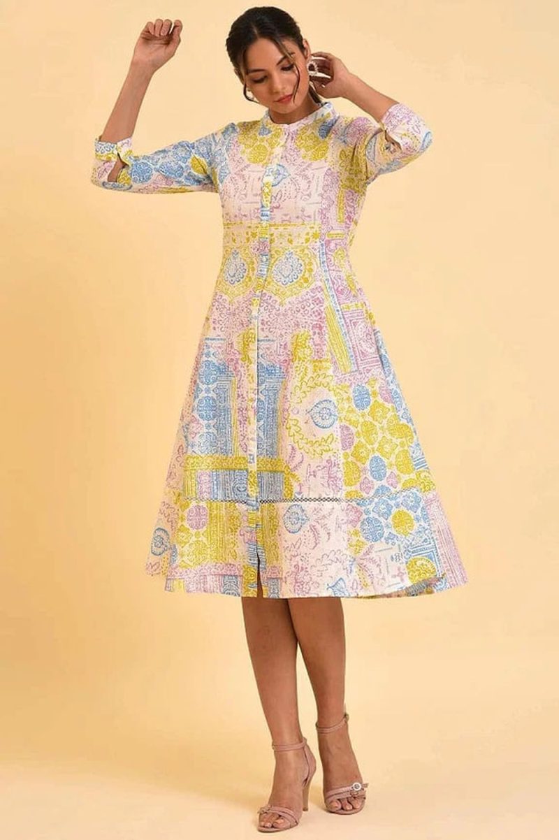 Multi-Coloured Printed Flared Dress