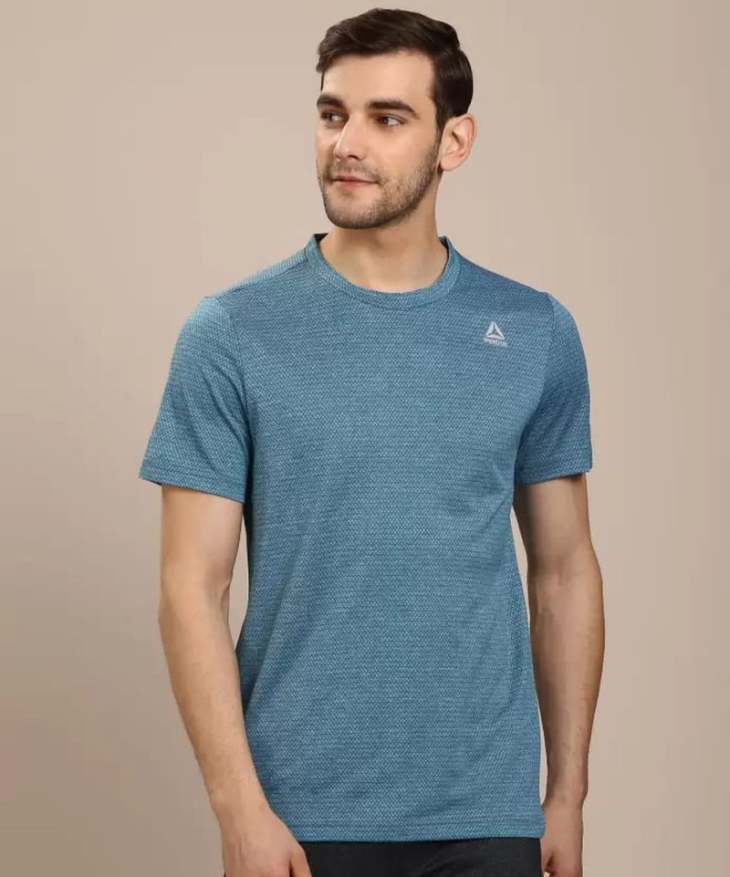 Men Self Design Round Neck Poly Cotton Blue T-Shirt