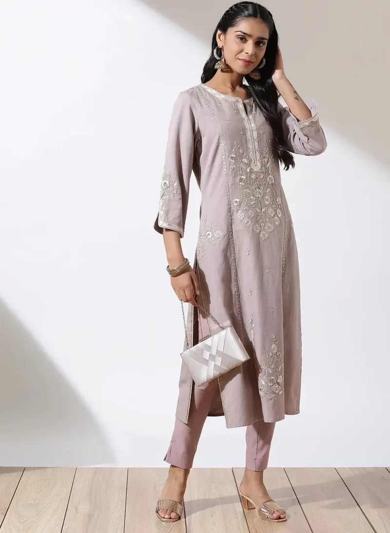 Glacier Grey Phool Collection Kurta With Floral Embroidery