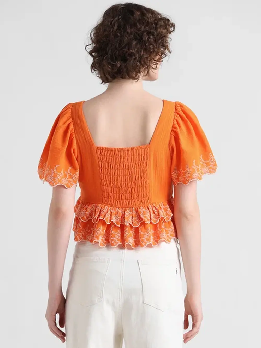 Orange Embroidered Ruffle Top
