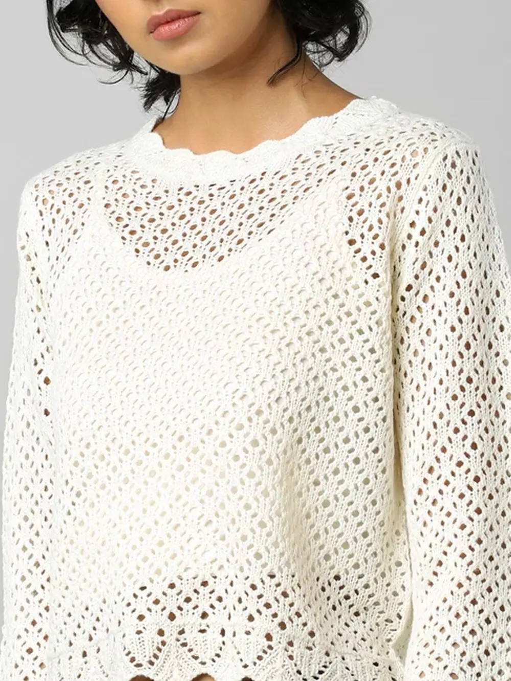 Beige Pointelle Cropped Pullover