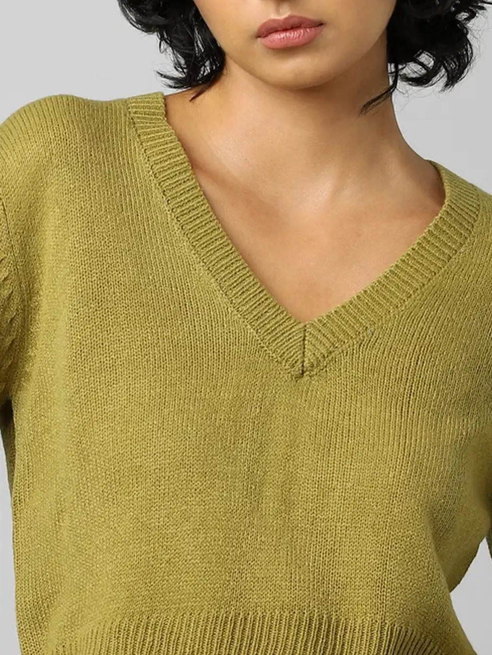 Green V-Neck Cropped Pullover