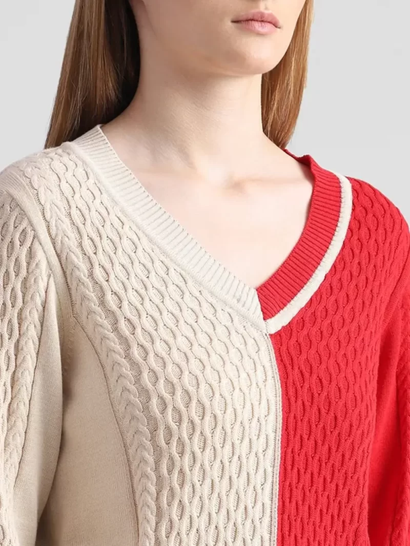 Red Colourblocked Cable Knit Pullover