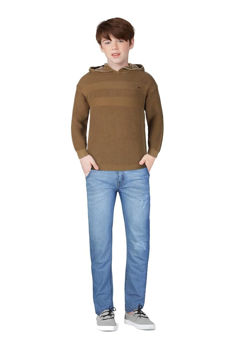 Gini & Jony Boys Brown Solid Woven Full Sleeves Sweater