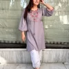 Lavender A-Line Kurti With Floral Embroidery