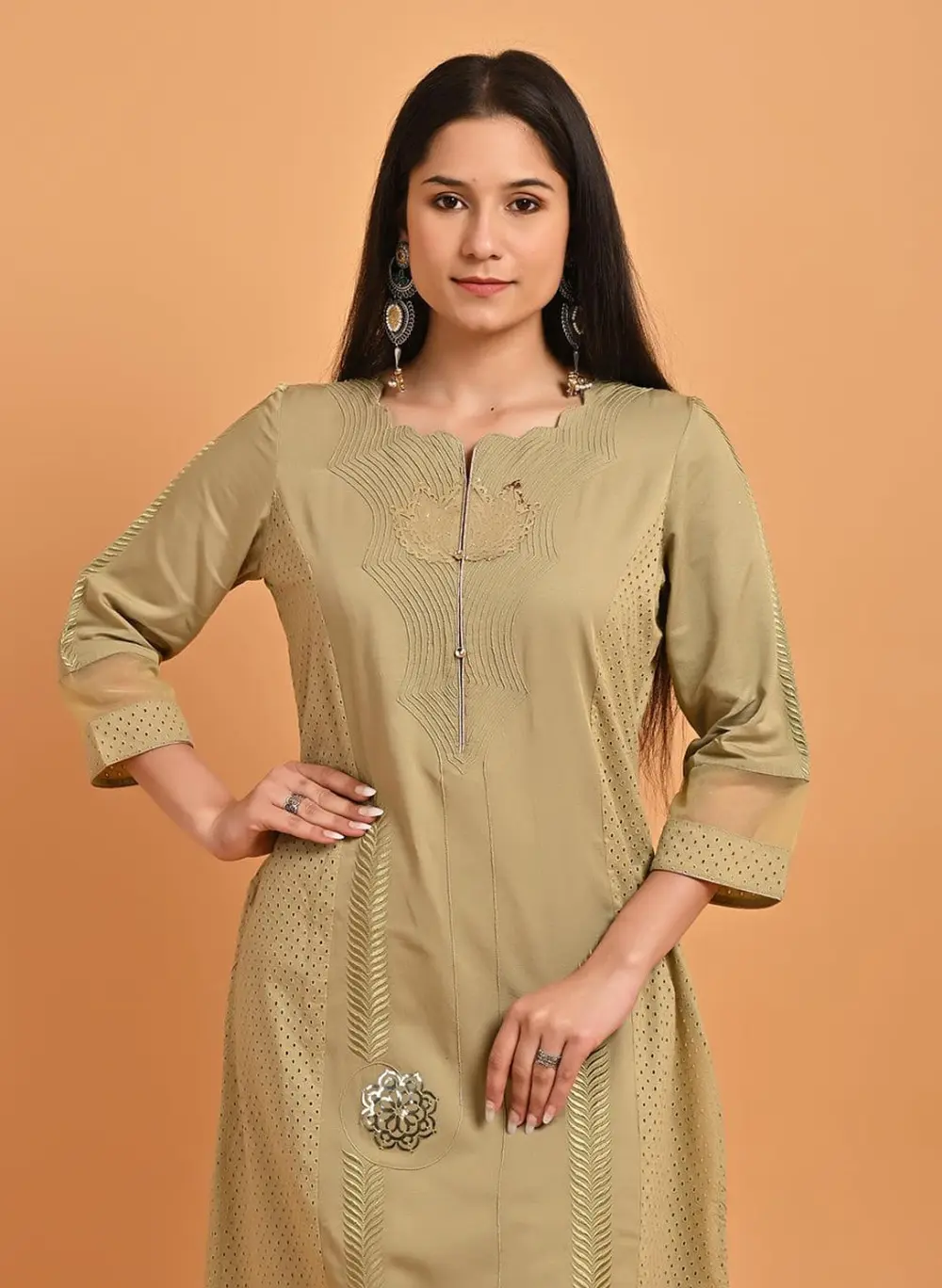 Apple Green Embroidered Cotton Kurta With 3/4Th Sleeves And Asymmetrical Hem