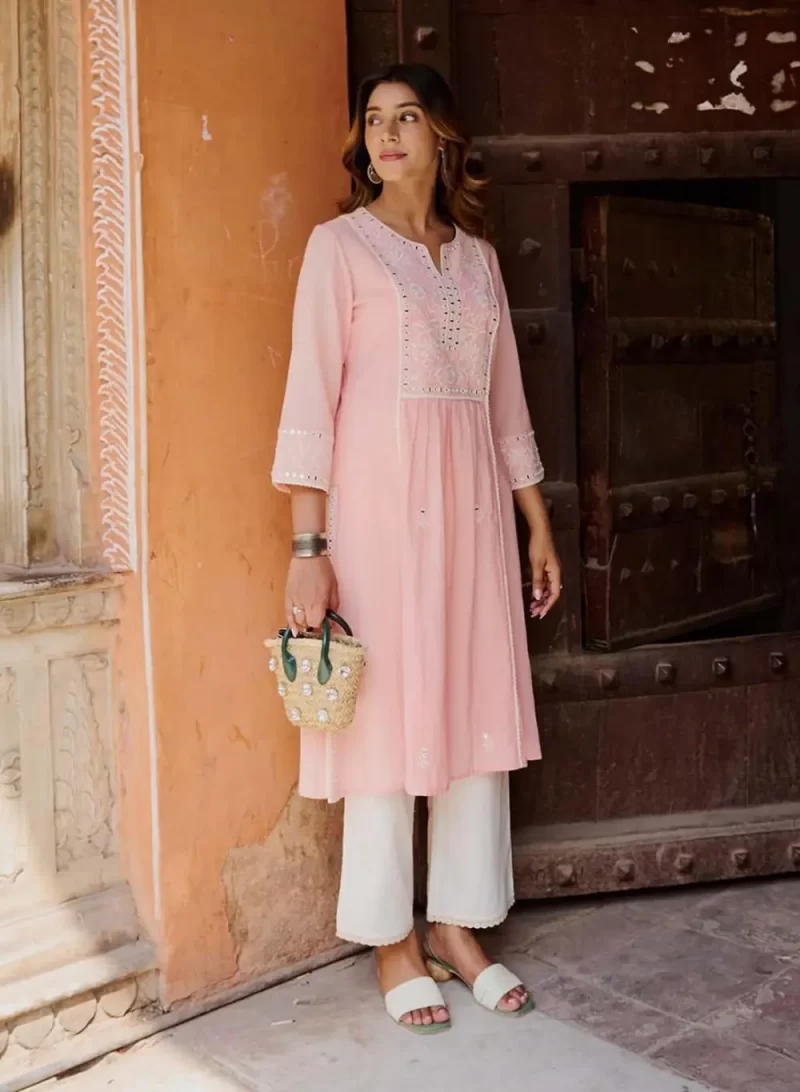 Pink A Line Embroidered Kurta With 3/4Th Sleeves