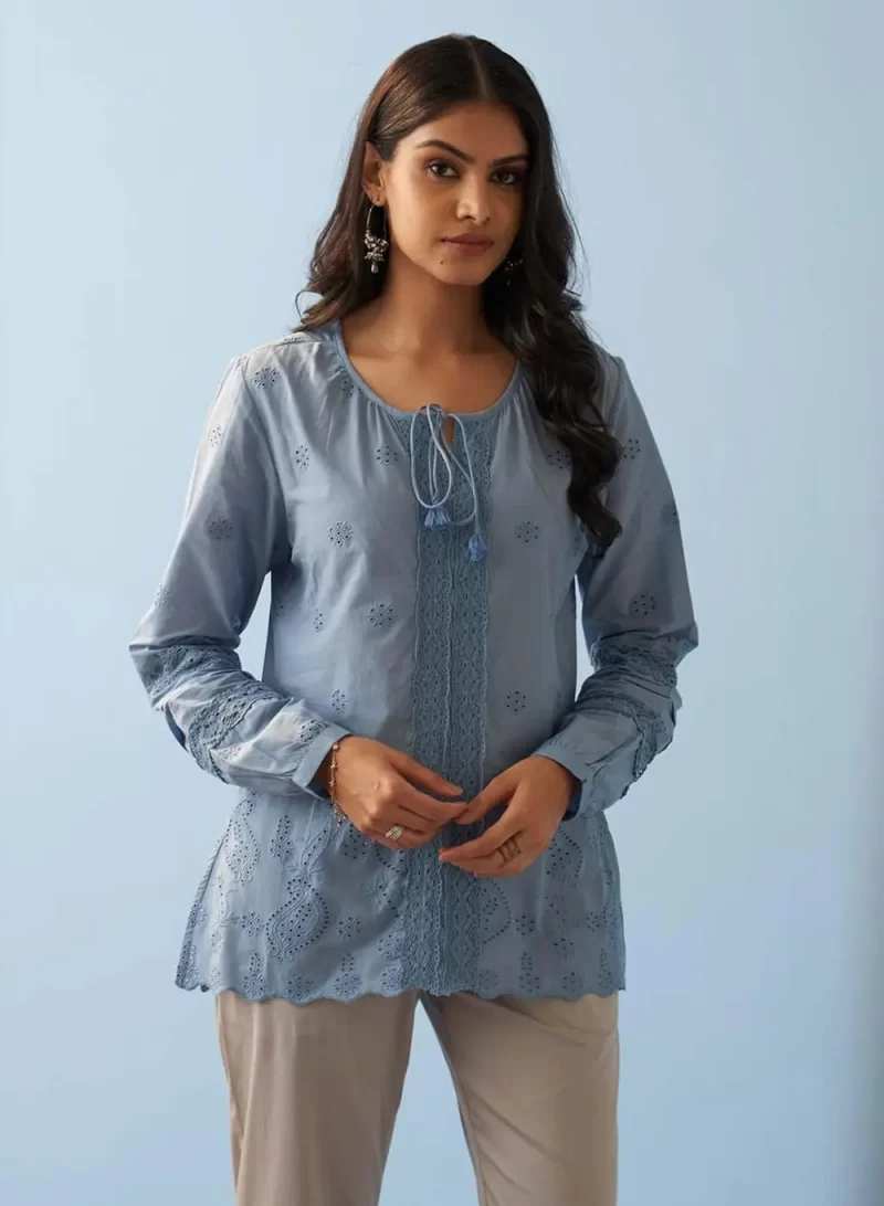 Blue Schiffli Embroidered Tunic With Lace Insert