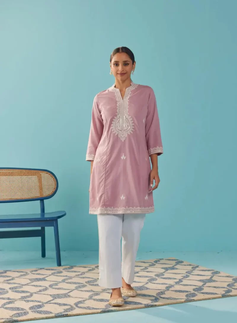 Pink V-Neck Kurti With Dori Embroidery & Sequins Work