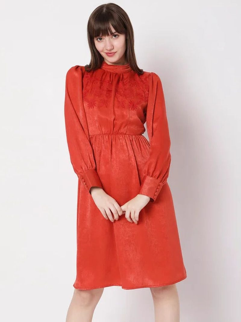 Rust Satin Fit & Flare Dress