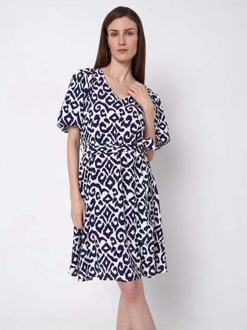 Blue Printed Fit & Flare Dress