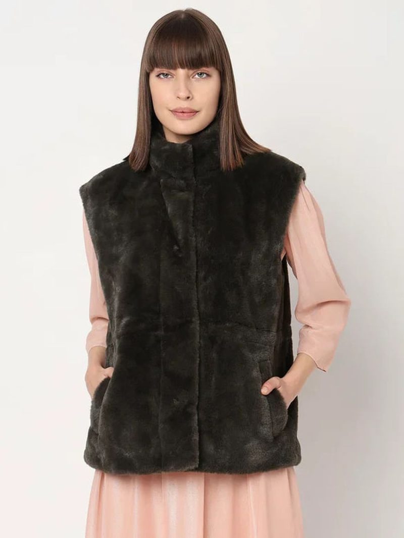 Green Turtleneck Faux Fur Waistcoat