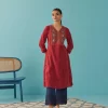 Red Lace Work Kurta With Multi Color Embroidery