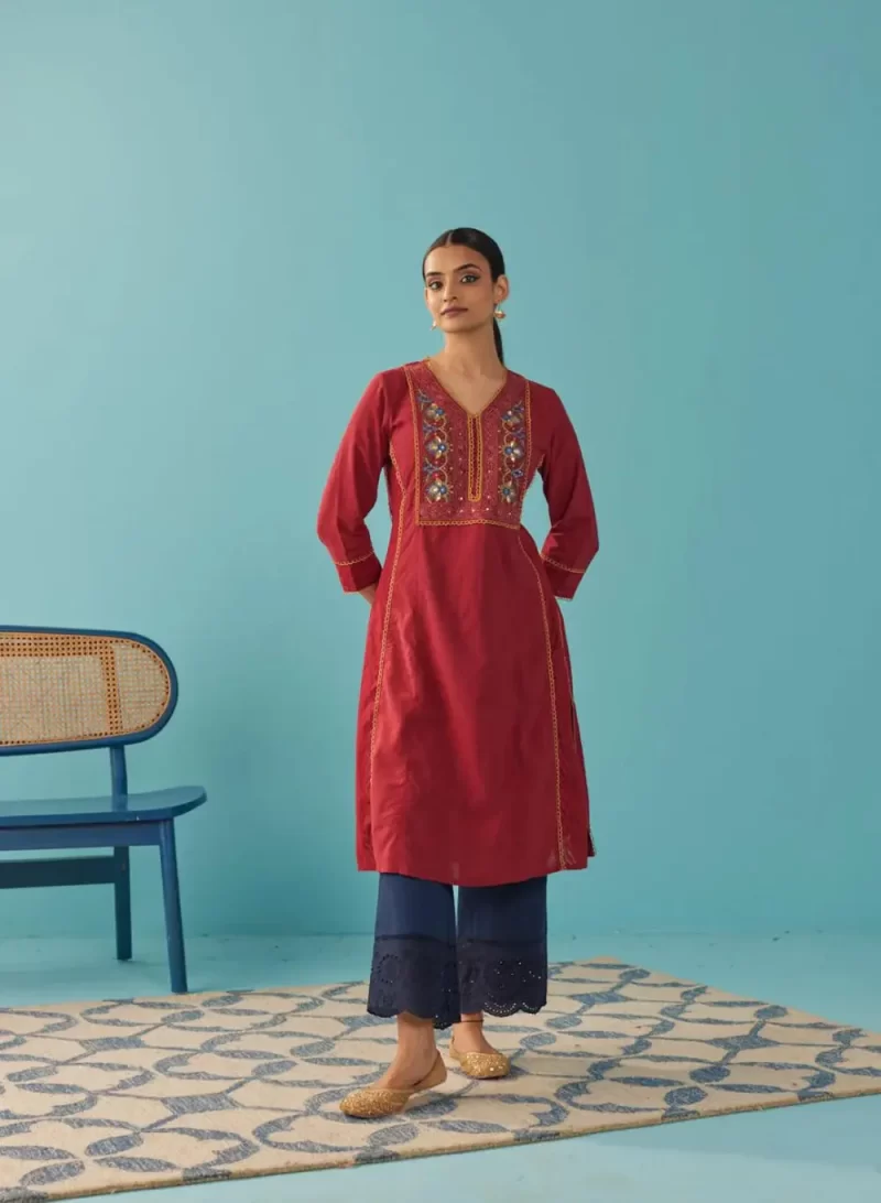 Red Lace Work Kurta With Multi Color Embroidery