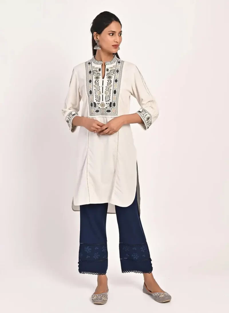 Ivory Embroidered Band Collar Tunic With Front Yoke Embroidery