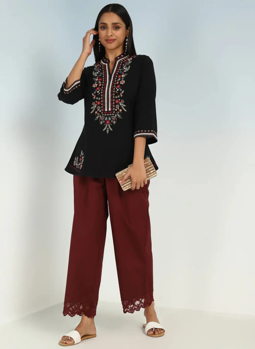 Black Boho Straight Tunic With Dense Embroidery