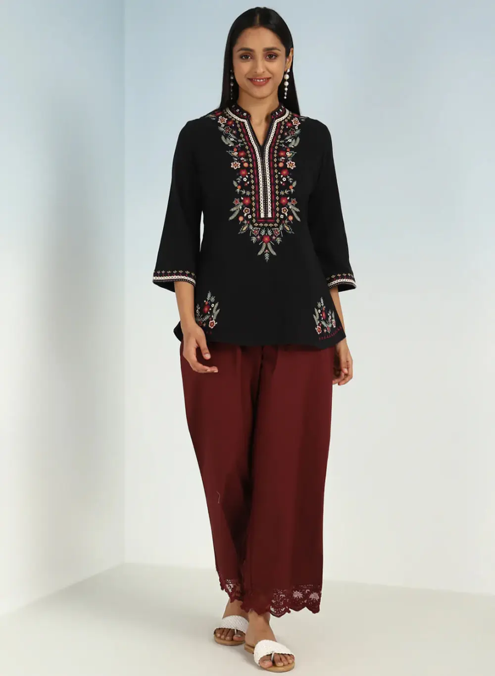 Black Boho Straight Tunic With Dense Embroidery