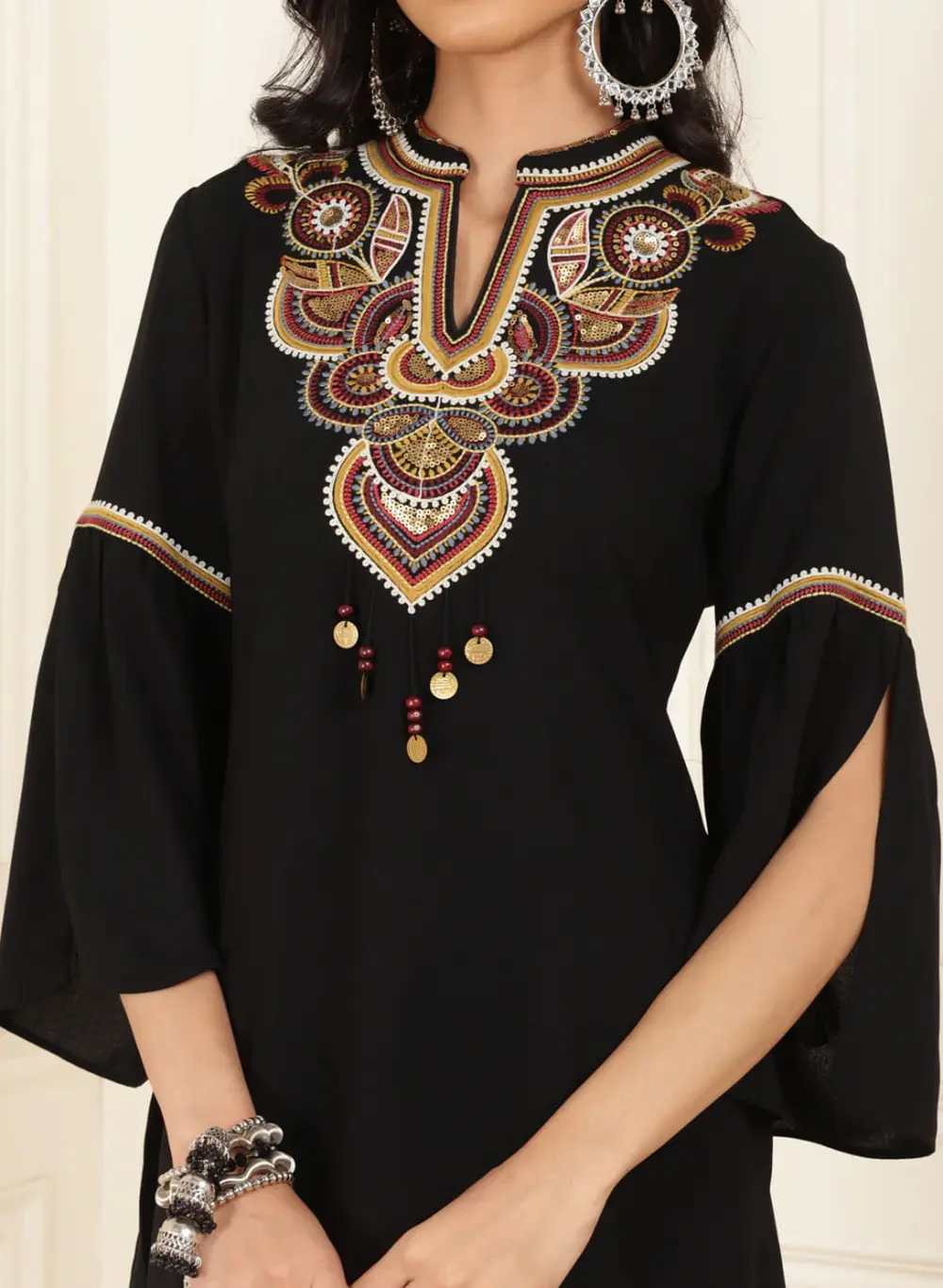Black Embroidered Georgette Tunic For Women