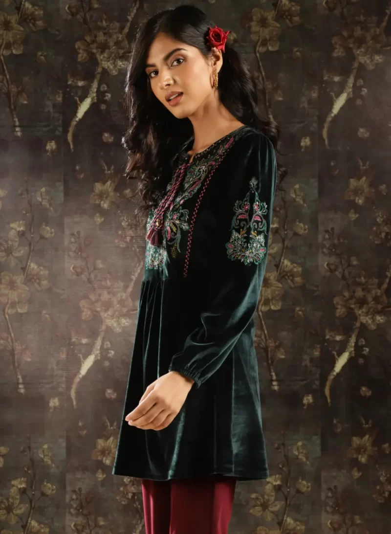 Green Velvet Tunic With Threadwork And Tassels