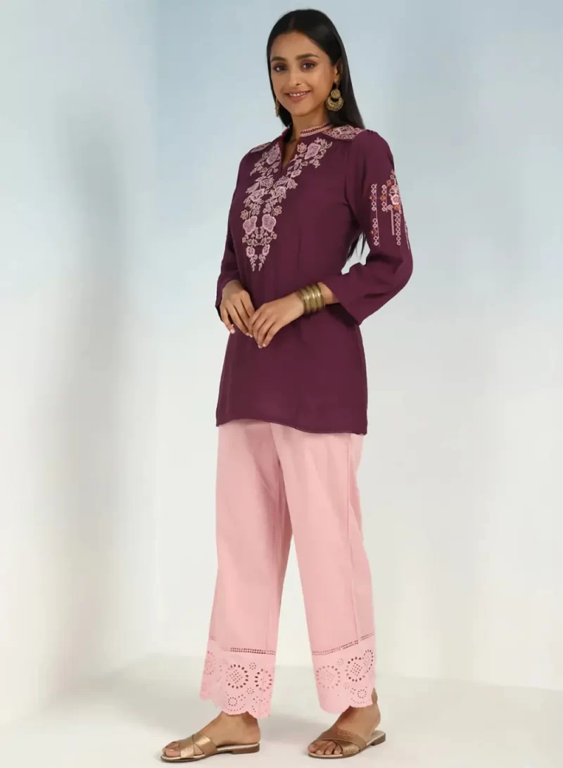 Wine Floral Tunic With Shoulder Gathers