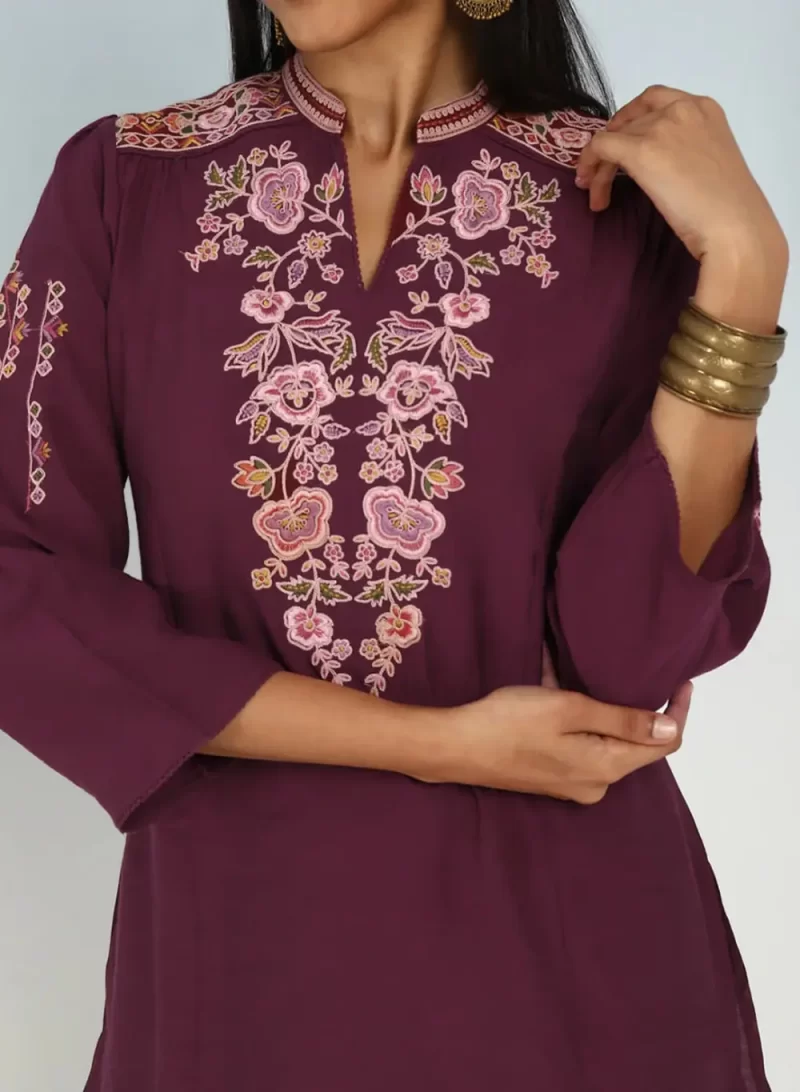 Wine Floral Tunic With Shoulder Gathers