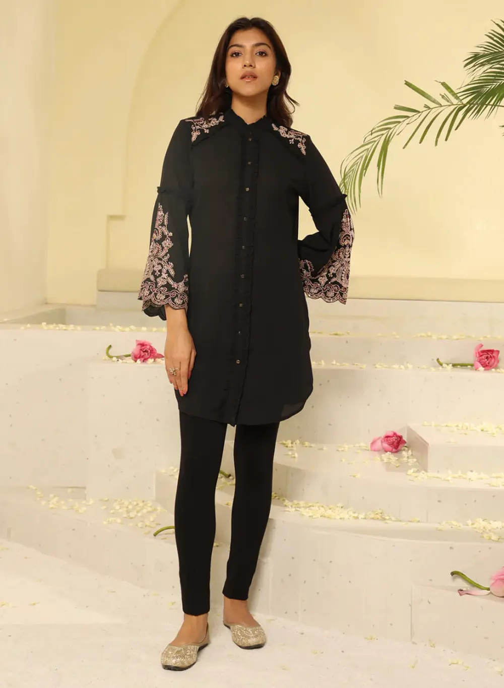 Black Embroidered Tunic With Button Detailing