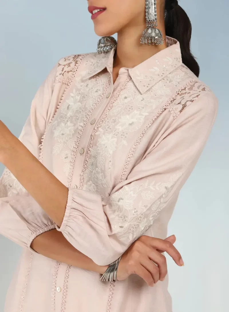 Pink Collared Tunic For Women With Puffed Sleeves