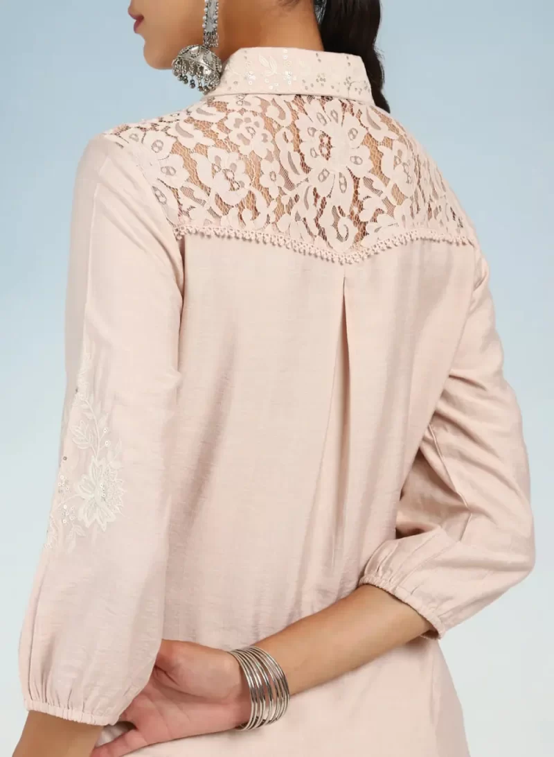 Pink Collared Tunic For Women With Puffed Sleeves