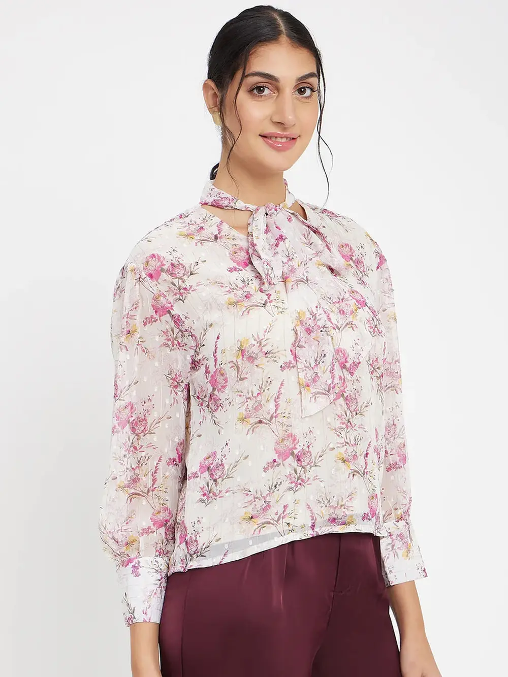 Madame Ivory Floral Tie-Up Neck Top