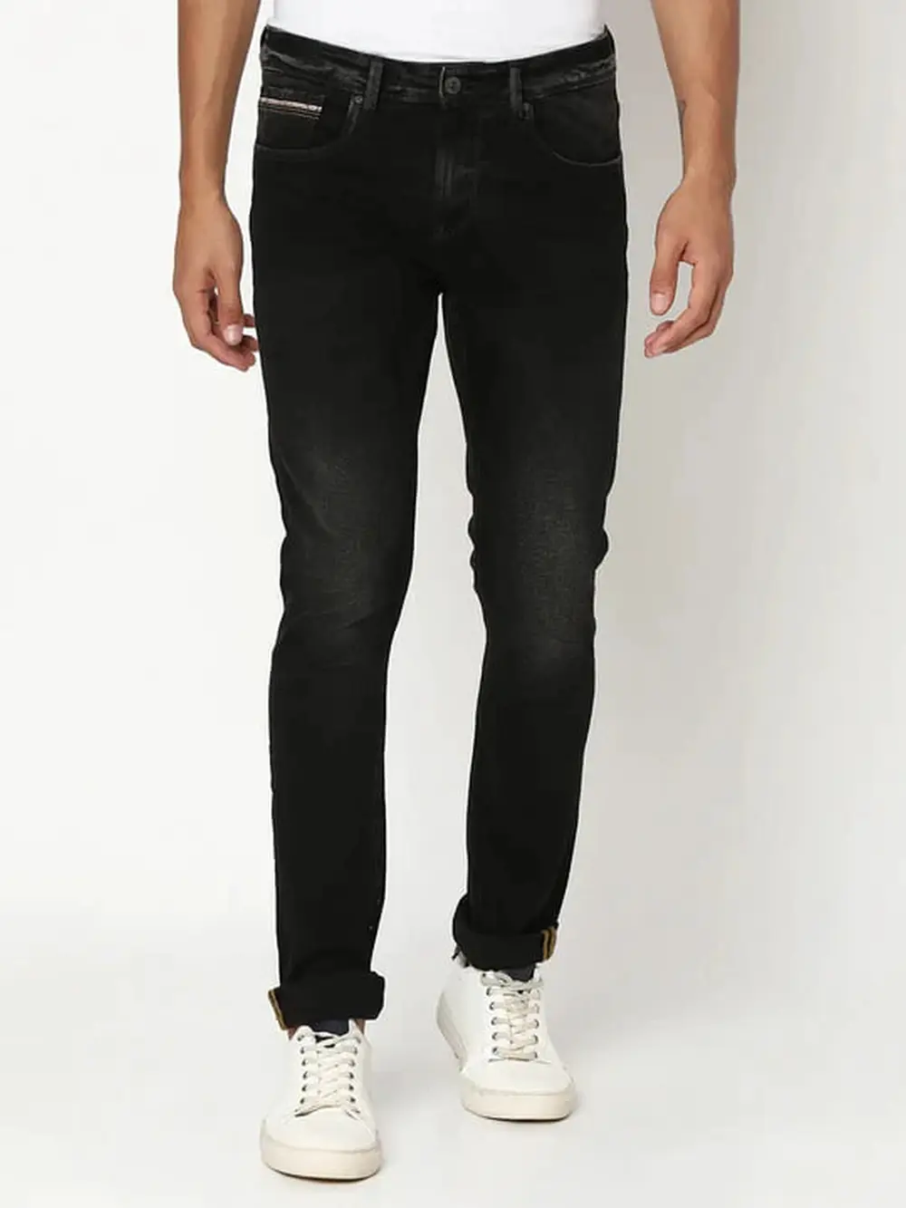 Spykar Men Carbon Black Cotton Slim Fit Narrow Length Clean Look Low Rise Stretchable Jeans (Skinny)