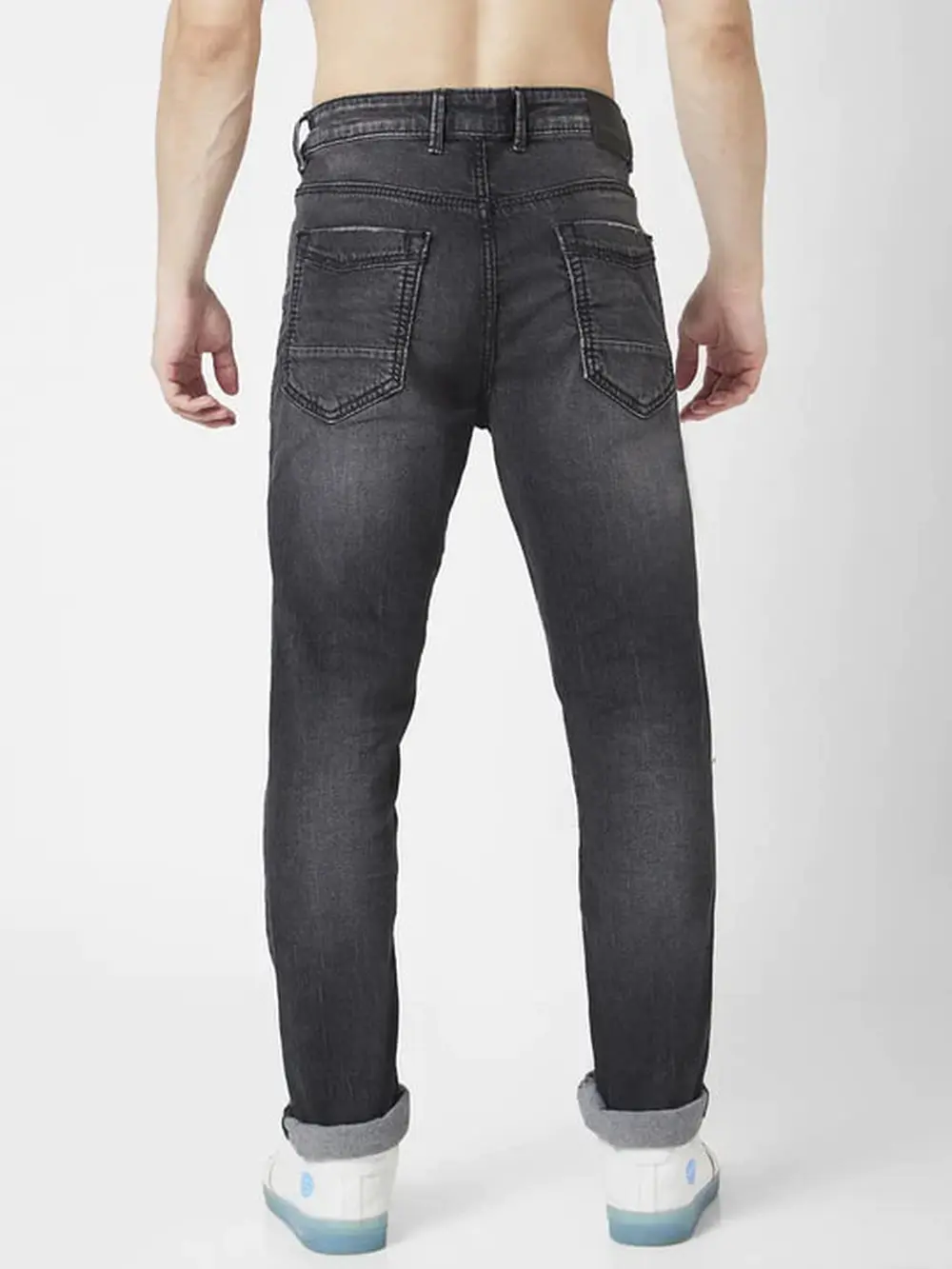 Spykar Men Carbon Black Cotton Regular Fit Narrow Length Mild Distressed Mid Rise Jeans (Rover)