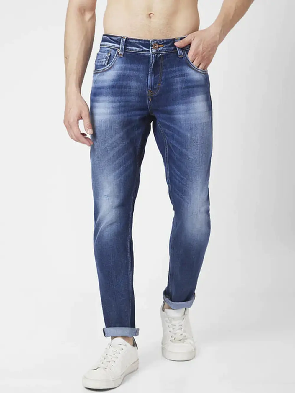 Spykar Men Mid Blue Cotton Slim Fit Narrow Length Clean Look Low Rise Jeans (Skinny)